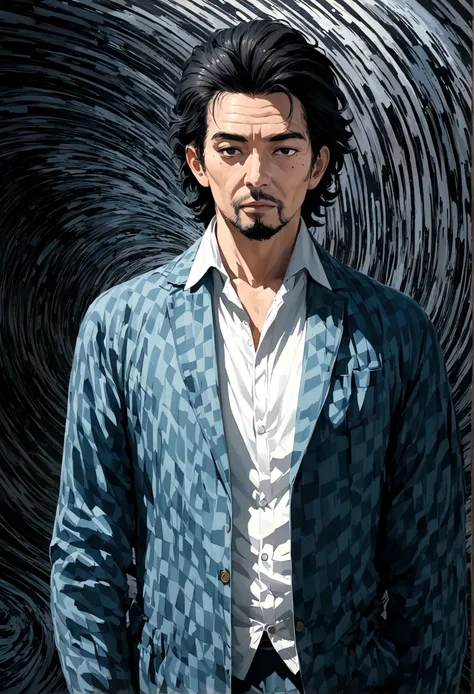 A middle-aged man with mid-length black hair, a mole under his eye, and facial hair, in a cowboy shot, Conceptual art, Op art, anime style, masterpiece quality, accurate details, 1080P, 4K