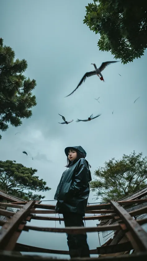 ((crane))、bird、Rainy Sky、1girl,from below