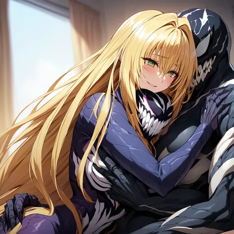 ((Highest quality)), ((masterpiece)), (detailed), （Perfect Face）、The female Venom is Tiare, a green-eyed, blonde, medium-long-haired female Venom, whose body has been completely transformed into Venom and who is wearing a Venom suit.、The woman is happily c...