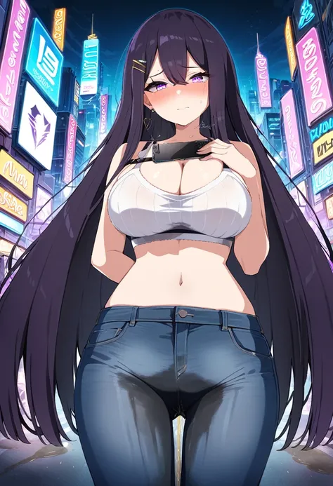 (masterpiece:1.37), best quality, (extremely detailed:1.37), woman, (mature:1.5), (adult:1.5), large breasts, very long hair, (straight hair:1.5), dark purple hair, purple eyes, (extremely detailed eyes:1.37), crop top, cleavage, navel, jeans, desperation,...