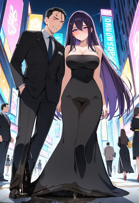 (masterpiece:1.37), best quality, (extremely detailed:1.37), woman, (mature:1.5), (adult:1.5), large breasts, very long hair, (straight hair:1.5), dark purple hair, purple eyes, (extremely detailed eyes:1.37), (very long dress:1.5), (very tight dress:1.5),...