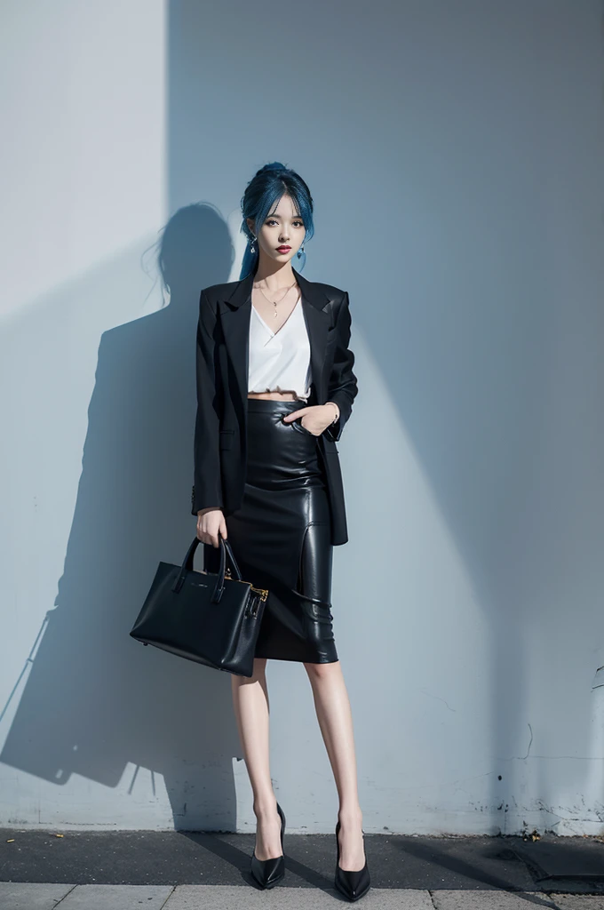 Male, about 170cm tall、Blue Hair、Skinny and slim body type、Asymmetrical white blouse,Black asymmetrical skirt, oversized black blazer,Simple gold earrings,Black leather loafers,A simple black tote bag、Standing in the city、Mode fashion、Confident and mysteri...