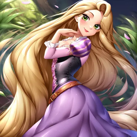 score_9, score_8_up, score_7_up, source_anime, RapunzelWaifu, Disney princess Rapunzel, 1girl, detailed suit, purple cape, purple and pink stripes corset, blonde hair string belt, blonde hair lasso, cute pose, purple suit, puffy sleeves, juliet sleeve, lon...