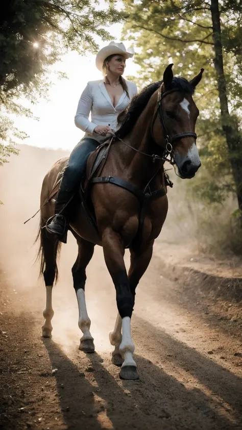 Highest quality, rear angle, low level shot, photo of a Solo milf, cowgirl at western, hot fleshy cougar, leather bikini top, leather hotpants with cowboy belt, cowboy boots, fullbody pose, outdoors, in scenic high-fantasy country side woodlands, athletic ...