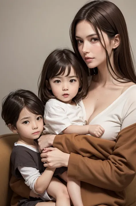 family with a tall, thin father with dark hair and a 1-year-old daughter with brown hair on his lap, a 7-year-old son with light brown hair next to his 3-year-old brother with light brown hair, a small mother with straight light brown hair and large breast...