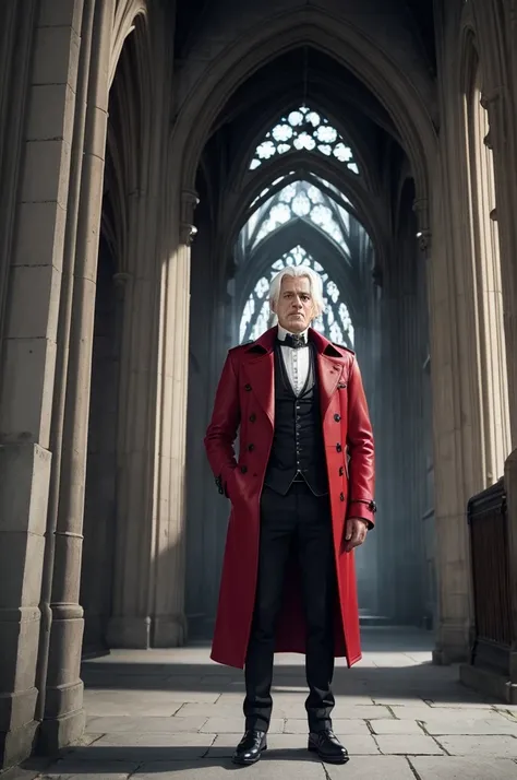 Man with red overcoat, black pants and leather shoes, he is black, has thick straight white hair and a serious face and is in front of a 19th century English Gothic cathedral 