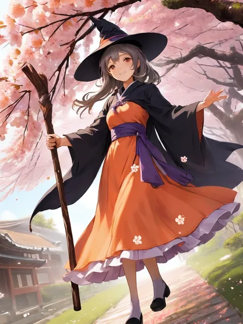 high resolution、Flower-controlling witch。Cherry blossoms falling。
Holding a wooden walking stick。The overall image is orange.。At a dynamic angle。