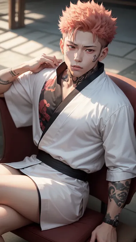 a young man in the story series, "Jujutsu kaisen" named "itadori yuji" with a tattooed face, brown eyes, with red, light hair, sitting on a chair, and a white kimono shirt, with a realistic effect.