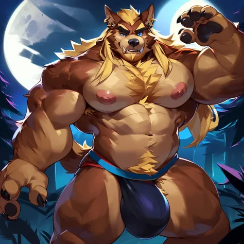 Solo, anthro, male (((wolf, werewolf, blue eyes, black pupils, muscular, huge pecs, abs, pink nipples, brown body, brown fur, blonde hair, stubble, long hair, brown beard, brown chest hair, brown pubes, facial hair, claws hands, paw pads, black claws, blac...