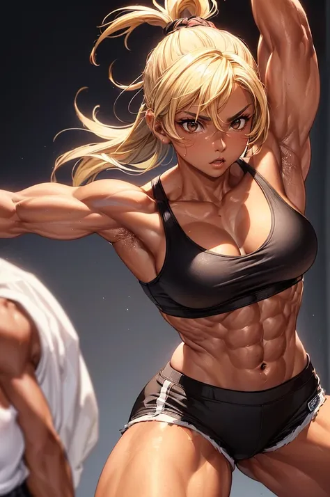 ((1 female, tanned skin, fit build, boxing wrappings, MMA, blonde hair tied up, brown eyes, dominant look, muscular but feminine legs, wearing white tank top and black shorts, 23 years old, high quality, detailed face))