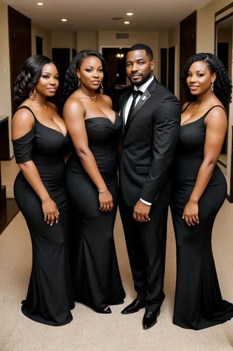 a black man with three thick wives , one of the wives is not smiling. They are all dressed in black formal 