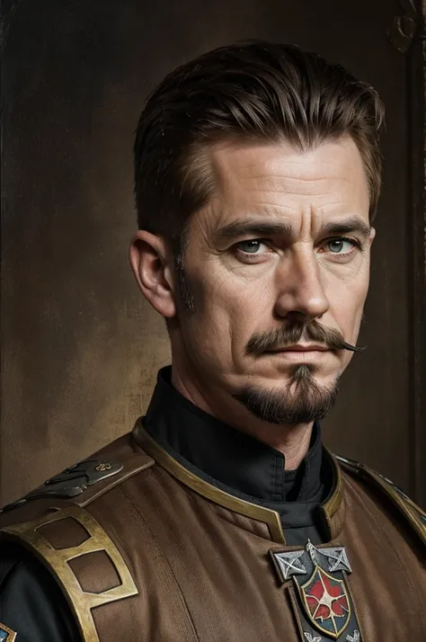 Military general with goatee and faded haircut wearing medieval armor. ((Sinister oil portrait)) ((Brown hair))