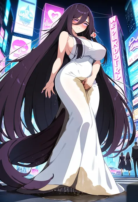 (masterpiece:1.37), best quality, (extremely detailed:1.37), woman, (mature:1.5), (adult:1.5), large breasts, very long hair, (straight hair:1.5), dark purple hair, purple eyes, (extremely detailed eyes:1.37), (very long dress:1.5), (very tight dress:1.5),...