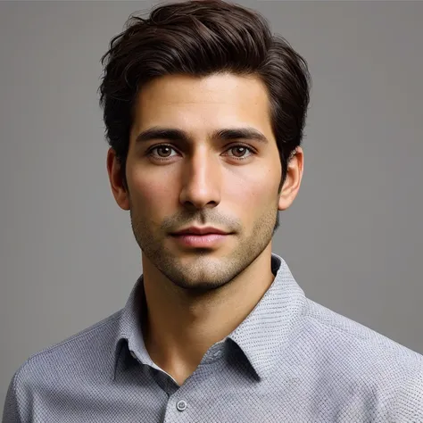 31-year-old man  He has dark brown hair styled in a more natural and relaxed fashion, hazel eyes, and tan skin, in a different polo shirt. RAW photo, subject, 8k uhd, dslr, soft lighting, high quality, film grain, Fujifilm XT3