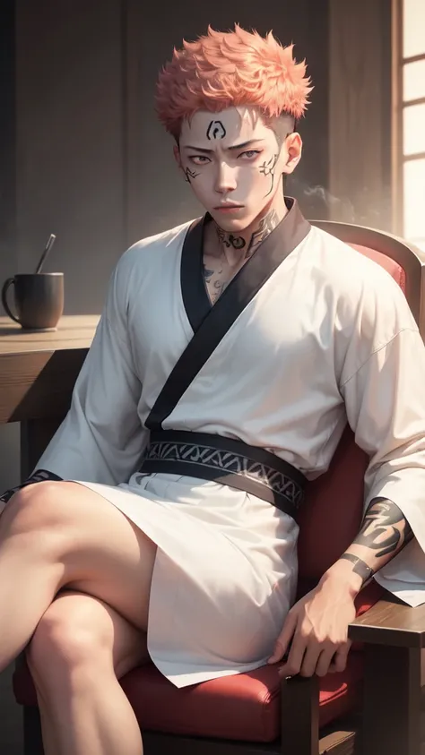 a young man in the story series, "Jujutsu kaisen" named "itadori yuji" with a tattooed face, brown eyes, with red, light hair, sitting on a chair, and a white kimono shirt, with a realistic effect.