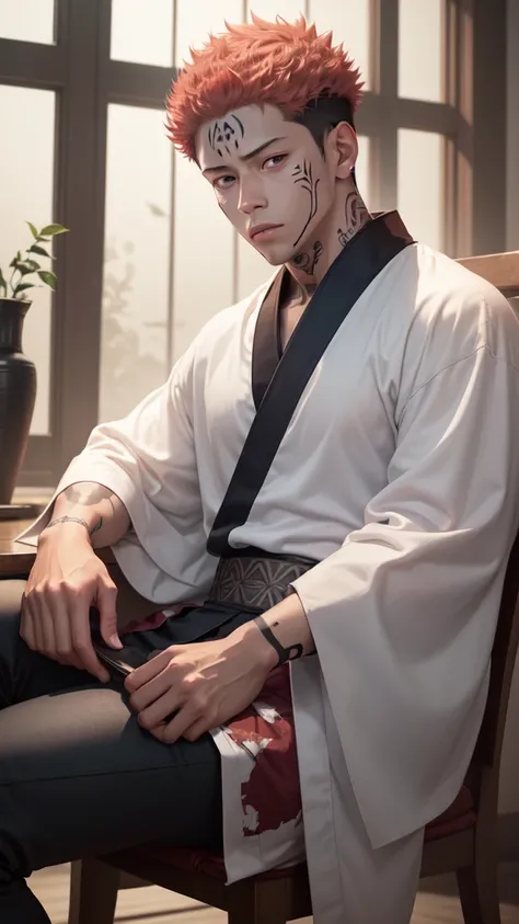 a young man in the story series, "Jujutsu kaisen" named "itadori yuji" with a tattooed face, brown eyes, with red, light hair, sitting on a chair, and a white kimono shirt, with a realistic effect.