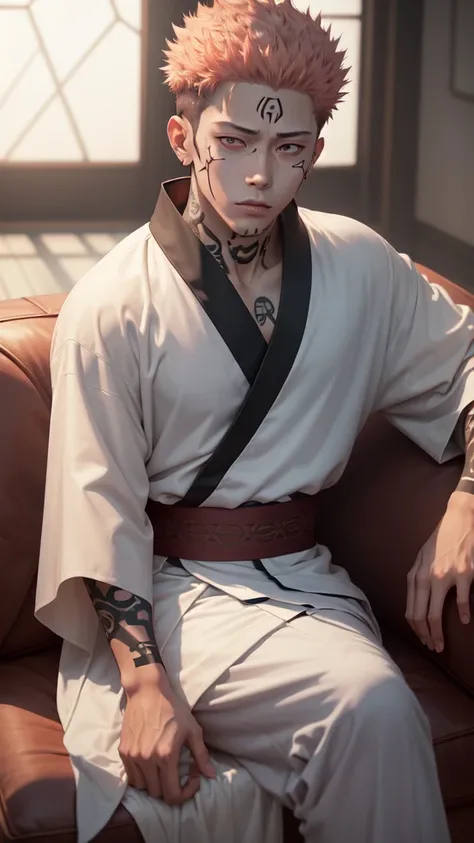 a young man in the story series, "Jujutsu kaisen" named "itadori yuji" with a tattooed face, brown eyes, with red, light hair, sitting on a chair, and a white kimono shirt, with a realistic effect.