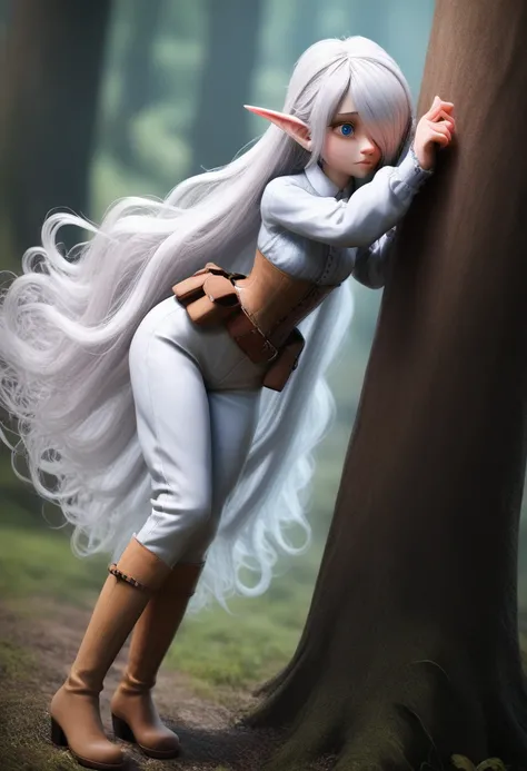 a girl with pale skin, short stature, very long wavy silver hair covering one eye, small breasts, pouty lips, and bright blue anime-style eyes with long lashes, wearing a corset, white puffy long sleeved shirt, and puffy cloth pants, leather bound boots, s...