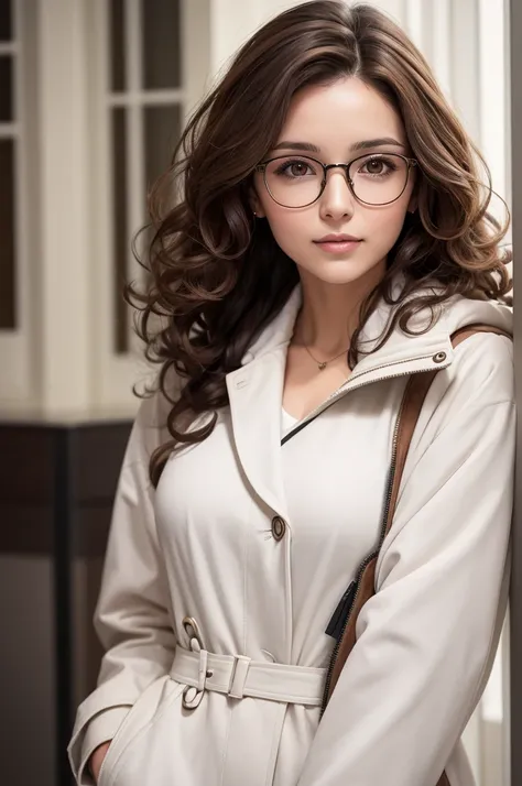 32-year-old brunette woman with brown eyes and curly brown hair wearing a white coat and glasses