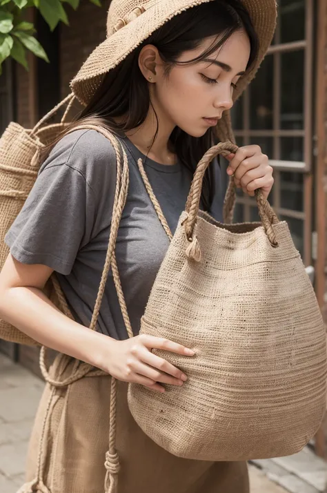 burlap bag with rope to close with woman holding