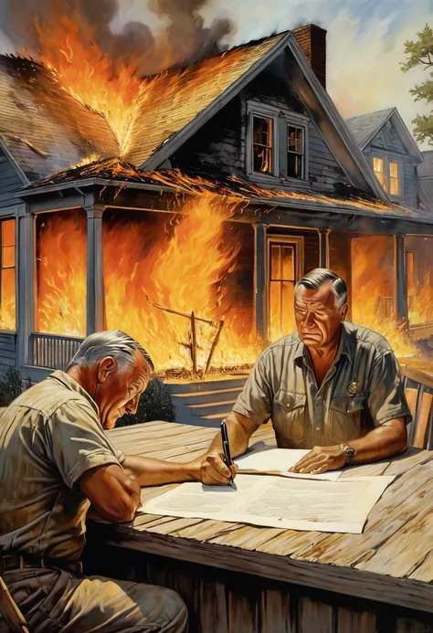 "A detailed image of a distressed homeowner signing a contract held by Crassus. The flames of the burning house illuminate their faces, capturing the urgency and desperation of the moment."
Size: "1024x1024"