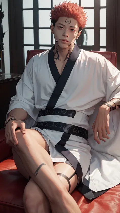 a young man in the story series, "Jujutsu kaisen" named "itadori yuji" with a tattooed face, brown eyes, with red, light hair, sitting on a chair, and a white kimono shirt, with a realistic effect.