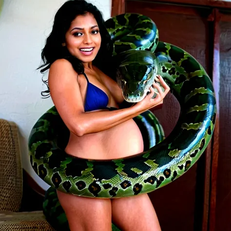 Pregnant Happy Horny, aroused 1girl), beautiful  bikini wearing Indian  young teen girl with  giant colossal kaa monster squeezing her hard, wrapped in thick spiraling coils, constricted, struggle, gasping for air, snake attack, snake peril,