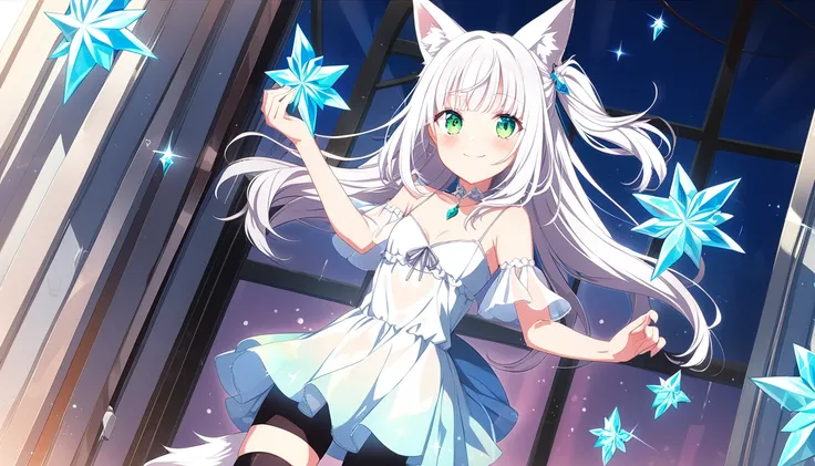 anime artwork (((crystals texture Hair))),((beautiful detailed glass hair)), sparkle, lens flare, 1girl, white hair, solo, thigh highs, side pony tail, black thigh highs, looking at viewer, window, small breast, flat breasts, blush, smile, bangs, anime sty...