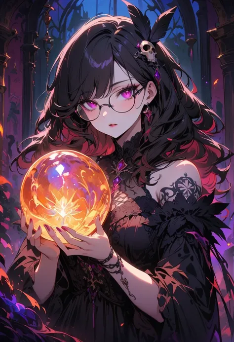 (best quality,4K,Very detailed,Practical:1.2),Mysterious astrologer girl,Pale skin,Long black hair fluttering in the wind,Shiny glasses lenses, She held a glowing sphere in her hand,Emerald eyes,Sharp eyes,The strange tattoo on her arm,Crystal Ball,Skull a...