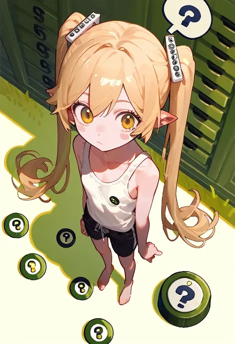 (punctuation_9,punctuation_8_High above,punctuation_7_High above,),oshino shinobu,long hair,standing alone,hair blonde,yellow  eyes,pointy ears,skinny,,pigtails,white Tank top,black Shorts,blush stickers,bare shoulders,barefoot,sitting,Underarms, shy,viewe...