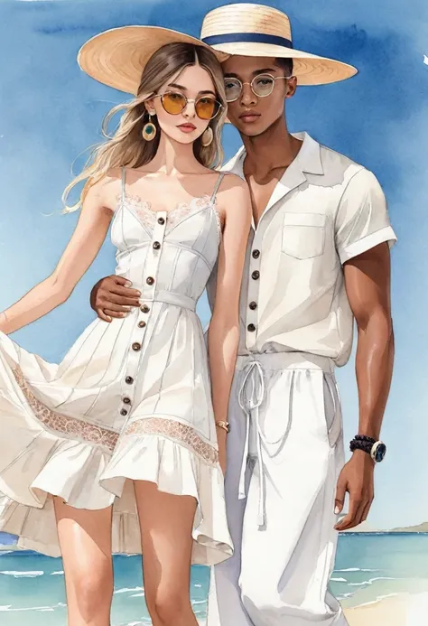 candid fashion illustration of young mixed race man and woman, both aged 25 year old, ((showcase fashion look book in pale earth...