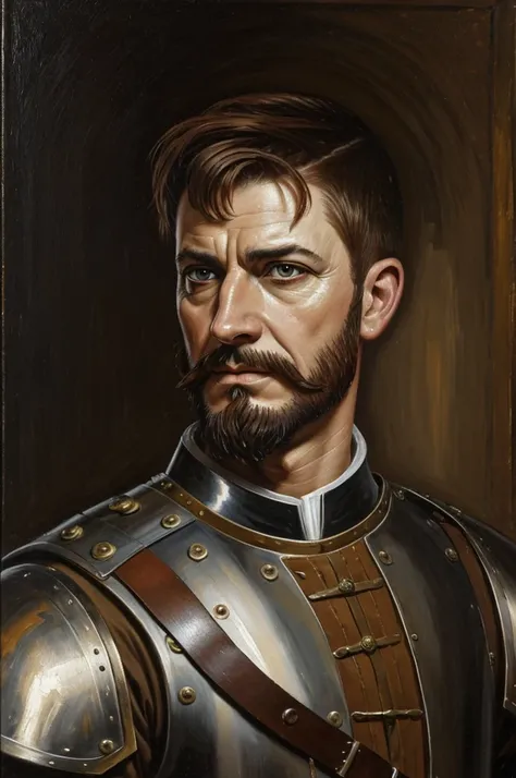 Military general with goatee and faded haircut wearing medieval armor. ((Oil painting)) ((Sinister)) ((Brown hair))