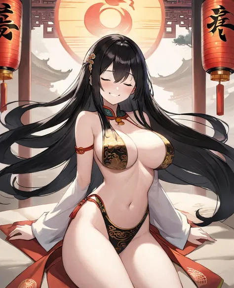 NSFW,1girl,Ancient Chinese Scriveners,Eyes closed,Black Hair,Long Straight Hair,Big Breasts,smile,Full Art,whole body,Scrivener&#39;s Hat,Possess an open scroll,Books Flying in the Air,Kanji characters appearing from books,Ancient Chinese Courts