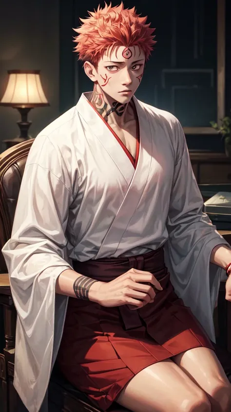 a young man in the story series, "Jujutsu kaisen" named "itadori yuji" with a tattooed face, brown eyes, with red, light hair, sitting on a chair, and a white kimono shirt, with a realistic effect.