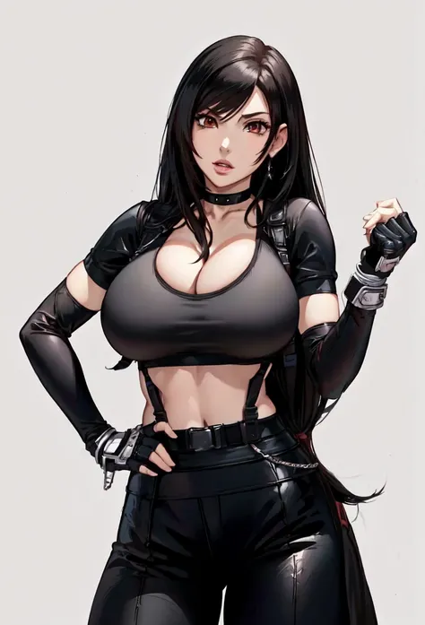 Anime girl with black hair and black leather pants holding a cell phone., Tifa Lockhart, Tifa, Tifa Lockhart portrait, seductive Tifa Lockhart portrait, Tifa lockheart, portrait of Tifa Lockhart, glamorosa Tifa lockheart, Tifa Lockhart with white hair, ani...