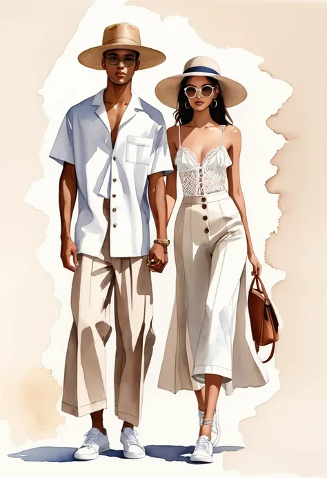 candid fashion illustration of young mixed race man and woman, both aged 25 year old, ((showcase fashion look book in pale earth...