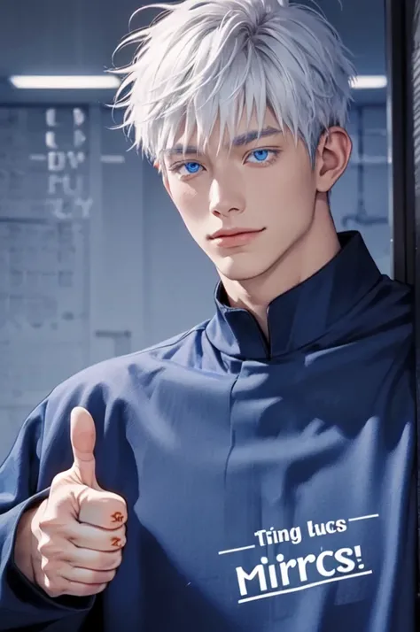 Incrs404,english text,Written On Clothes,1male,portrait,satoru gojo,white hair,short hair,hair between eyes,blue eyes,colored eyelashses,(thumbs_up:1.4),(cowboy_shot:1.3),