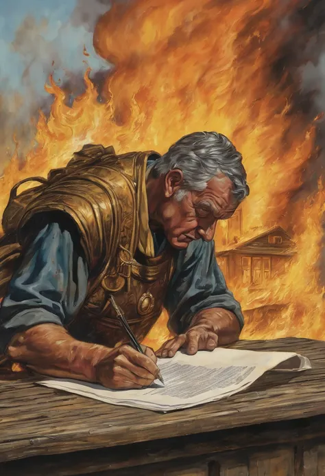 "A detailed image of a distressed homeowner signing a contract held by Crassus. The flames of the burning house illuminate their faces, capturing the urgency and desperation of the moment."
Size: "1024x1024"