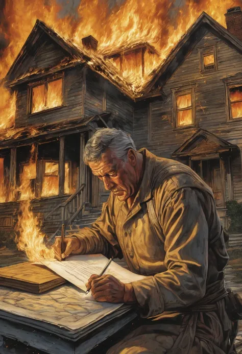 "A detailed image of a distressed homeowner signing a contract held by Crassus. The flames of the burning house illuminate their faces, capturing the urgency and desperation of the moment."
Size: "1024x1024"