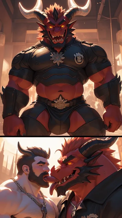 ((Um no, Pumped male demon with hairy dragon appearance and yellow eyes dawns with the (red skinned) e um corpo humanóide com feições feias que mostra sua força Intimidating Enforcera cheia de luxúria e malícia mostrando sua língua preta e dentes afiados b...