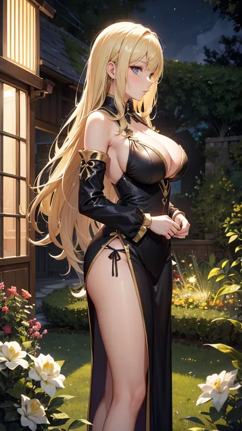 ((close shot 1.8)) One woman,Big Breasts,Blonde Long Hair, black lingiree (1.5) standing in garden in night 