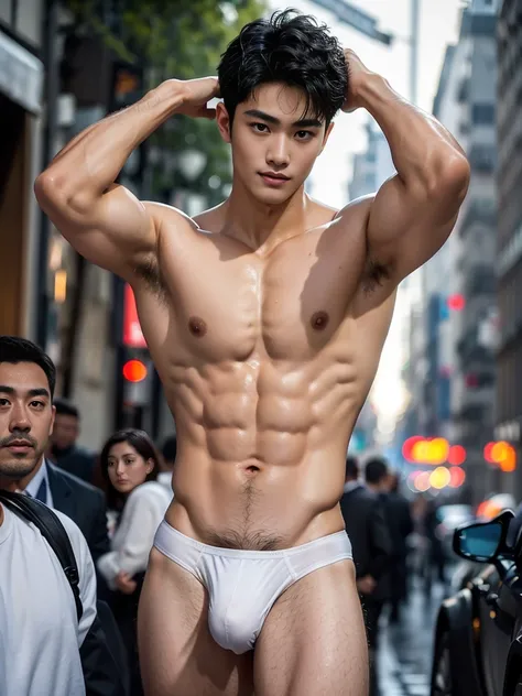 Full body, Sheer Transparent thong, very hairless armpits, Very crowded street, Topless, shirtless, 17 years old boy, very young boy, Cinematic soft lighting illuminates a stunningly detailed and ultra-realistic handsome Chinese male supermodel, ultra shor...