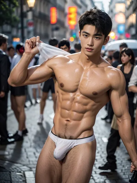 Full body, Sheer Transparent thong, very hairless armpits, Very crowded street, Topless, shirtless, 17 years old boy, very young boy, Cinematic soft lighting illuminates a stunningly detailed and ultra-realistic handsome Chinese male supermodel, ultra shor...