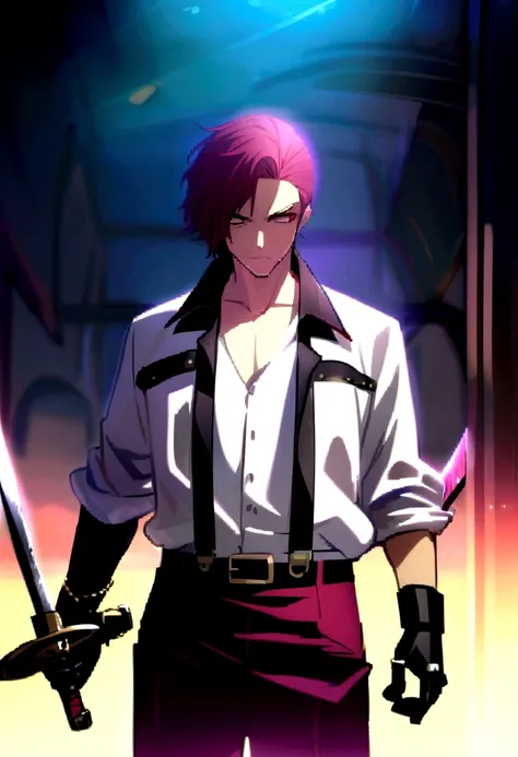 Maroon hair, male, gangster, sword, cyborg eye, 2 swords