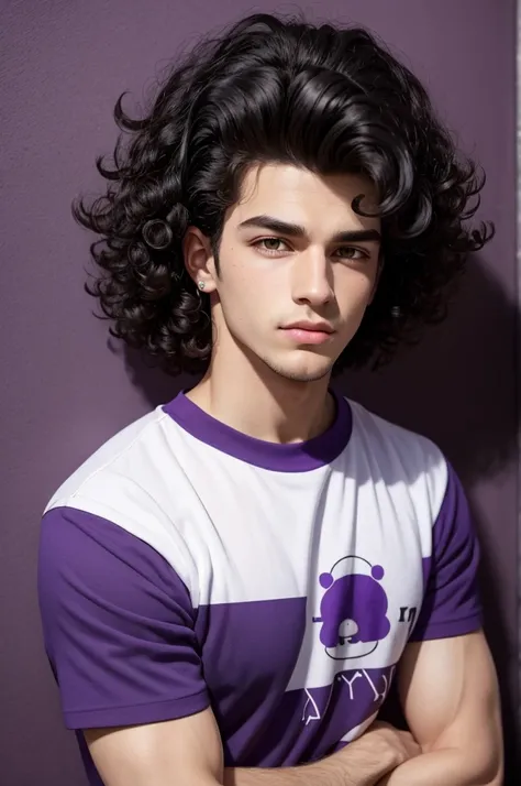 Bart Simpsons style boy with curly hair style, black hair purple shirt and crossed arm, The shirt has the name Mr João, he is very handsome