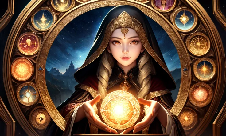 astrologer,female astrologer,glowing magic square,woman astrologer,astrologer reading crystal ball,astrologer studying horoscope chart,astrologer with mystical powers,astrologer in flowing robes,astrologer in starry night sky,astrologer with magical aura,a...