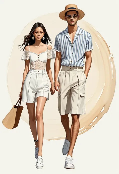 candid fashion illustration of young mixed race man and woman, both aged 25 year old, ((showcase fashion look book in mixed pale...