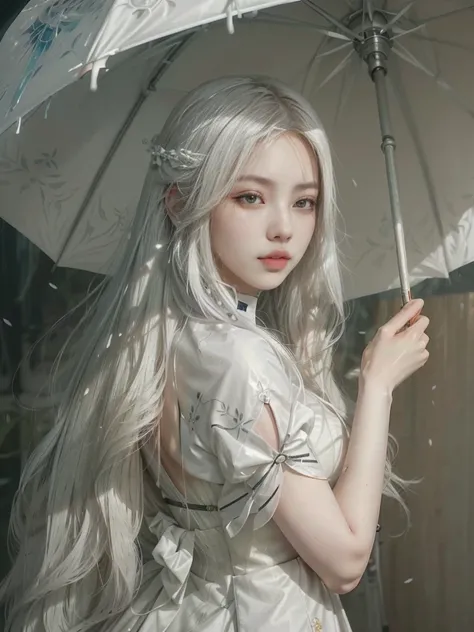 a close up of a woman with long white hair holding an umbrella, artwork in the style of guweiz, guweiz, guweiz masterpiece, guwe...