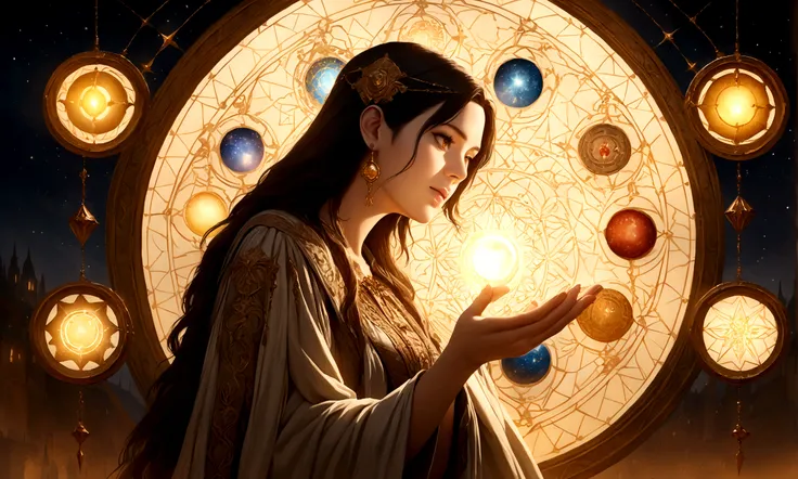 astrologer,female astrologer,glowing magic square,woman astrologer,astrologer reading crystal ball,astrologer studying horoscope chart,astrologer with mystical powers,astrologer in flowing robes,astrologer in starry night sky,astrologer with magical aura,a...