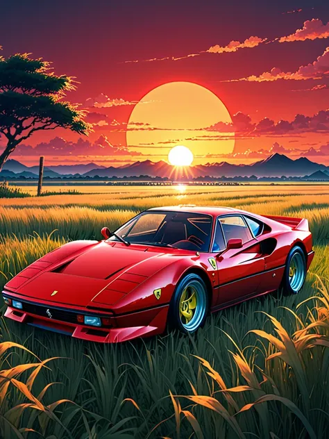 anime landscape of a pearl super sport red pearl classic ferrari 288gto sport sits in a field of tall grass with a sunset in the...